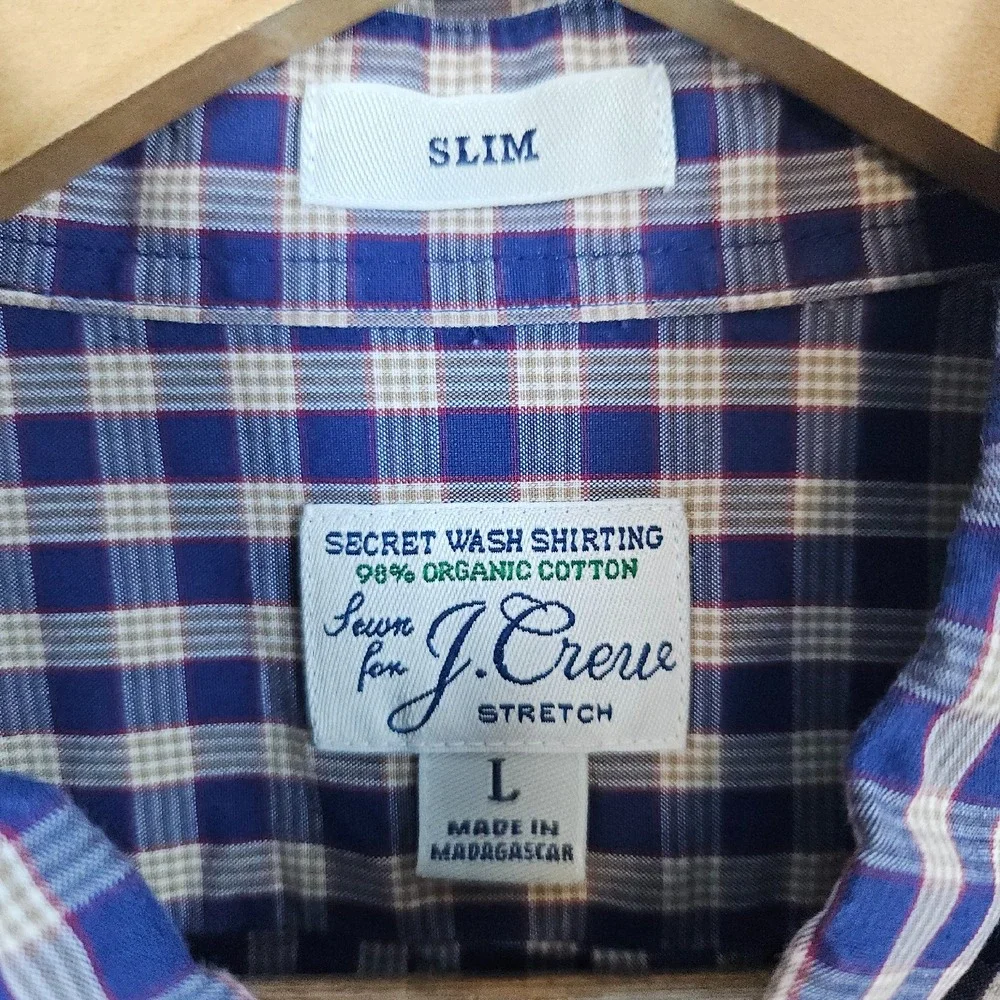J Crew Secret Wash Shirting Size‎ L Slim Fit Blue & Beige Checks Organic Cotton
